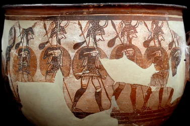 Mykenische Zivilisation: Krater genannt die Krieger. Aus dem Kreis der Gräber A in Mykene. 12. Jahrhundert v. Chr. Athen, Nationales Archäologisches Museum - Kunst der mykenischen Zivilisation: Krater genannt Kriegerkrater. Aus dem Grabkreis A in Mykene. 1