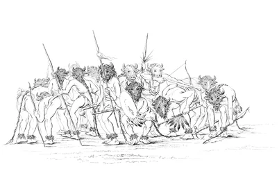Indianische Jäger tanzen mit Büffelmasken, 1841