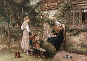 Jugend und Alter. Chromolithographie nach einem Gemälde von Myles Birkett Foster (1825-1899), englischer Künstler, veröffentlicht in London 1866. Großmutter mit Spitzenhaube sitzt im Cottage-Garten mit zwei Enkeln. Das Mädchen benutzt eine Gießkanne, um ei