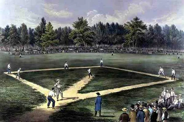 Das amerikanische Nationalspiel Baseball, großes Meisterschaftsspiel auf den Elysian Fields, Hoboken, N.J. 1866