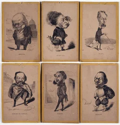 6 Karikaturporträts: Pierre Jean de Béranger (1780-1857) französischer Liedermacher, Alexandre Dumas fils (1824-1895), Louis Adrien Huart (1813-1865) französischer Journalist, Schriftsteller und Theaterdirektor, Gérard de Nerval (1808-1855), französischer 