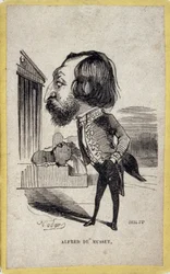 Porträt-Karikatur von Alfred de Musset (1810-1857), französischer Dichter und Dramatiker. Karikatur von Gaspard Felix Tournachon, genannt Felix Nadar (1820-1910).