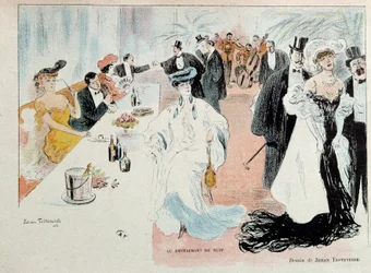 Im Nachtrestaurant. Pariser Bourgeoisie in Abendkleidung im Restaurant, Champagnerflaschen auf dem Tisch, ein Orchester spielt im Hintergrund. Zeichnung von Jehan Testevuide