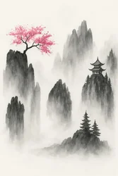 Japanische Berglandschaft mit Sakura-Baum und Tempel