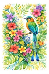Motmot in tropischen Blüten
