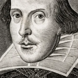 Detail des Porträts von William Shakespeare auf dem Frontispiz von Komödien, Historien und Tragödien