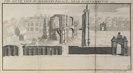 Südansicht von Holdenby House und Ruinen, wie sie 1729 zu sehen waren