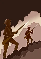 Soldaten des Ersten Weltkriegs mit Bajonetten - aus den Schützengräben auftauchend