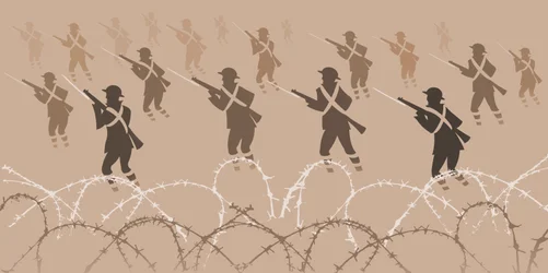 Soldaten des Ersten Weltkriegs mit Bajonetten - aus den Schützengräben auftauchend