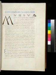Ms 394.1. Plinius der Ältere, Historia naturalis, f.26r. Initiale [M] in der freigelassenen Fläche, Neapel, Mitte des 15. Jahrhunderts, ca. 1442 (Pergament)