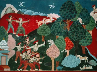 Ein König verbringt seine Tage damit, arme Gazellen ohne Grund zu töten, später, in einem anderen Leben, ist er eine Gazelle und wird von einem Jäger getötet, Detail aus dem Swayambhu Purana, einem wichtigen buddhistischen heiligen Text in Nepal