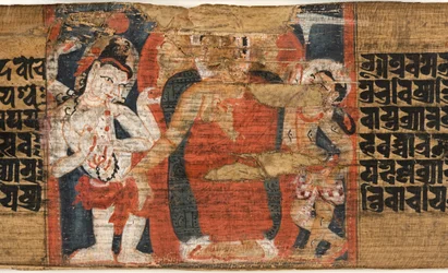 Folio 126b Buddhas Abstieg vom Himmel, aus der Astasahasrika Prajnaparamita