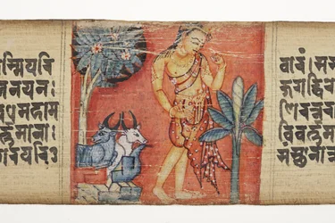 Sudhana reist durch eine felsige Landschaft mit zwei Bullen, aus dem Gandavyuha