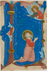 Betender Heiliger (Moses?) mit Christus in einer verzierten Initiale "L", aus einem Chorbuch