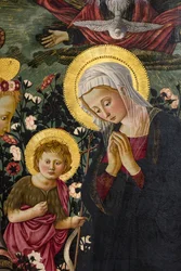 Die Jungfrau Maria, St. Johannes und zwei Engel, die das Christkind anbeten