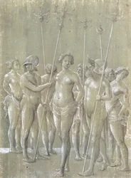 Fünf nackte Soldaten, die Stangen halten, zwei mit Helm, und drei nackte Frauen, 1522