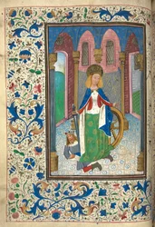 Miniatur von Katharina von Alexandria, mit dem römischen Kaiser Maxentius (Marcus Aurelius Valerius Maxentius Augustus)