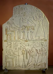 Stele von Penboui mit Toueris und Isis Hathor (bemalter Kalkstein, Neues Reich)