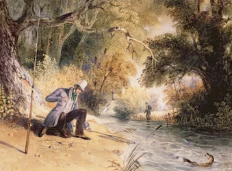 Hechtangeln, einen Hecht landen, ca. 1839