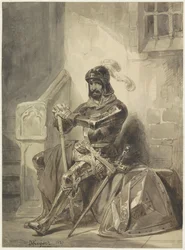 Sitzender mittelalterlicher Ritter in Rüstung