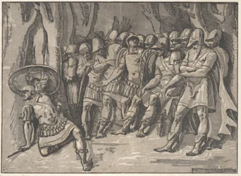 Ajax unten links hält ein Schild hoch, rechts steht Agamemnon umgeben von seinen Leuten, 1540-50