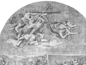 Engel, die das Kreuz tragen, mit Heiligen unten links (Detail) des Jüngsten Gerichts, 1548