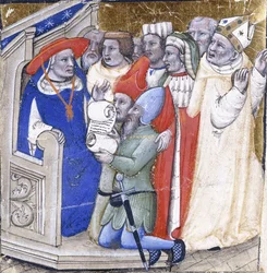 Ein Kardinal, der über einen Bischof urteilt, angeklagt von zwei Laien, um 1380