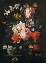 Eine Rose, eine Tulpe, Winde und andere Blumen in einer Glasvase auf einem Steinvorsprung, 1671