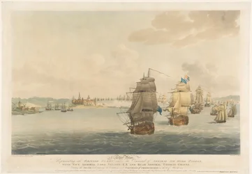 Nach Pocock, dieser Druck zeigt die britische Flotte unter dem Kommando von Admiral Sir Hyde Parker mit Vizeadmiral Lord Nelson, K.B., und Konteradmiral Thomas Graves
