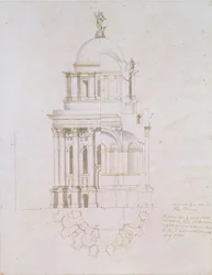 Aufriss, Querschnitt und Plan eines nicht realisierten Baptisteriums für die St. Paul