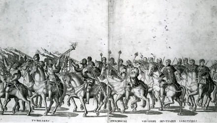 Platte 12 und 13 des Einzugs von Papst Clemens VII. und Kaiser Karl V. in Bologna am 24. Februar 1530, veröffentlicht ca. 1530