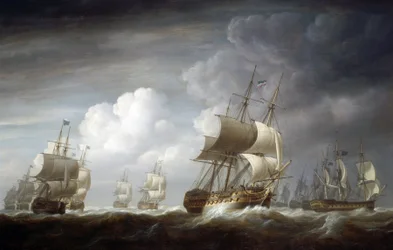Eine Flotte von Indiaman-Schiffen, britische Schiffe der Ostindien-Handelsgesellschaft. Öl auf Leinwand