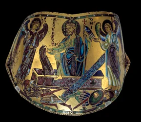 Armilla: Die Auferstehung. Zeremonienarmreif aus Meuse-Kupfer und Emaille. Werkstatt von Nicolas Verdun (ca. 1130/50-1205). Mittelalter, ca. 1170-1180. Paris, Musée du Louvre