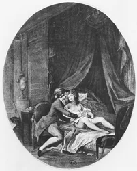 Valmont und Émilie, Illustration aus „Les Liaisons dangereuses“ von Pierre Choderlos de Laclos (1741-1803), gestochen von Romain Girard (geb. ca. 1751), 1782