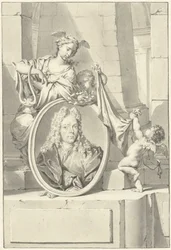 Putti und eine Frau bei einem Medaillon mit dem Porträt von Arnold Houbraken