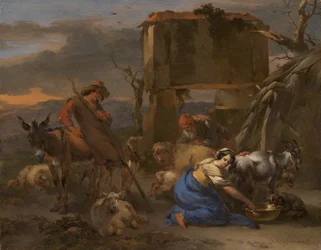 Pastorale Szene mit einer Schäferin, die eine Ziege melkt