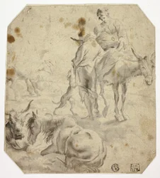 Frau und Kind auf Esel, Mann, Hunde, Pferde