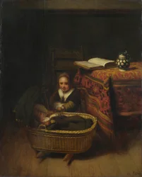 Ein kleines Mädchen wiegt eine Wiege, ca. 1655