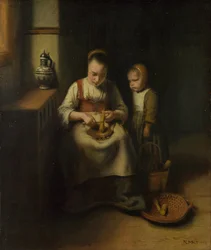Eine Frau schabt Pastinaken, mit einem Kind neben ihr, 1655
