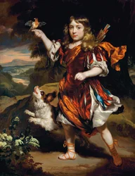 Porträt eines Jungen, als Daifilo, in einem roten Überrock über einem silbernen Gewand, mit einem orangefarbenen Umhang, ein Vogel ruht auf seiner rechten Hand, sein Hund neben ihm, in einer Landschaft