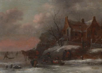 Winterlandschaft mit Figuren, die auf einem zugefrorenen Fluss rodeln