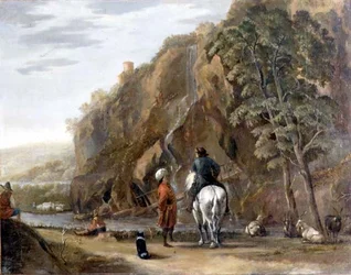 Italienische Landschaft mit Figuren und einem Pferd auf einer Straße