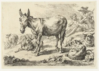 Landschaft mit Esel, Schafen, Ziege und Hirten