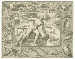 Element Luft als junger Mann auf Wolken zwischen fliegenden Vögeln (Aer) (Die vier Elemente)