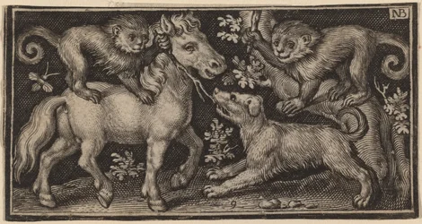 Pferd mit zwei Affen und einem Hund
