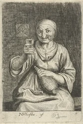 Alte Frau mit Glas und Krug