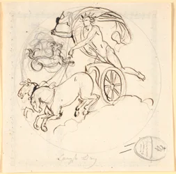 Apollo lenkt seinen Sonnenwagen hinab; oben das Sternzeichen Steinbock, eingerahmt von einem Kreis. Das Motiv stellt den längsten Tag dar