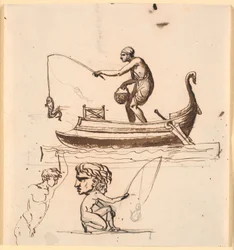 Ein Mann in einem Boot, der einen Fisch an einer Schnur hochzieht. Darunter eine Skizze eines Fischers, ein Kopf und ein nackter Mann