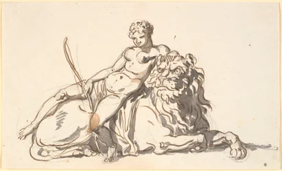 Eine schwarze Frau, die auf einem Löwen ruht. Allegorie auf Afrika