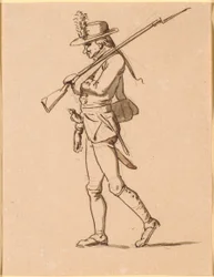 Karikatur eines Soldaten im Profil nach links. Sein linker Arm ist verbunden, trägt aber dennoch ein Gewehr.